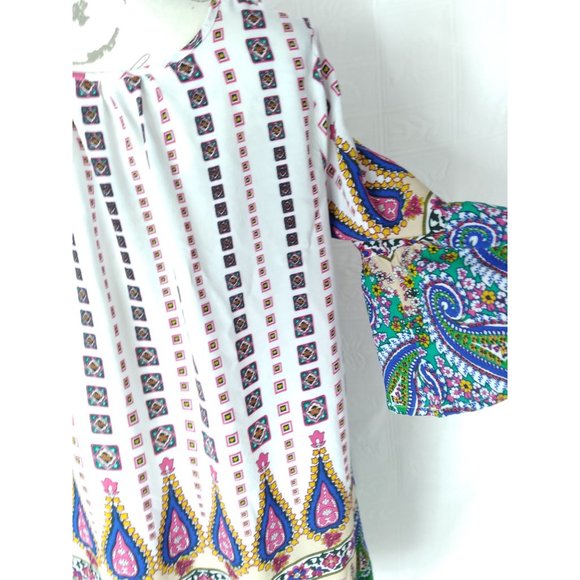 Umgee USA VNeck bell Sleeve Print Baby Doll Boho Peasant Dress style Tops M READ - Picture 16 of 16